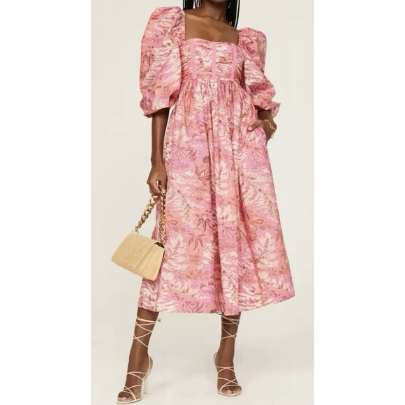 Ulla Johnson Leilani Floral Midi Dress Camellia Pink Puff Sleeve Size 4